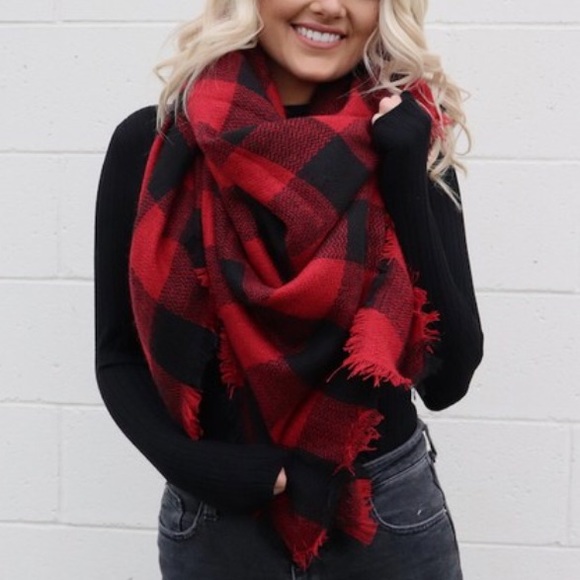 Red Buffalo Plaid Checkered Blanket Scarf - Picture 2 of 3
